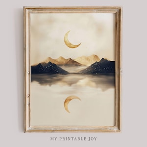 Golden Moon Mountain Landscape Wall Art Digital Download Minimalist Nature Print for Home Decor Digital Download