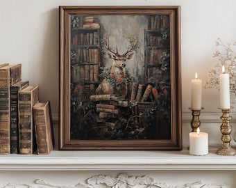 Library Stag with Candlelight - Vintage Regal Deer Wall Art, Cozy Cottagecore Library Decor, Rustic Animal Printable Painting 117