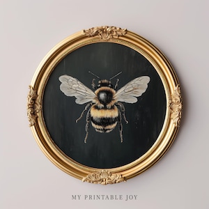 May include: A framed painting of a bumblebee with black and yellow stripes, set against a dark background. The frame is gold and ornate.
