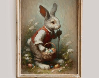 Afdrukbare muurkunst wandelende paashaas | Vintage lentekunst | Boerderijdecoratie | Antiek paaseieren-olieverfschilderij | Digitale Cottagore-afdruk