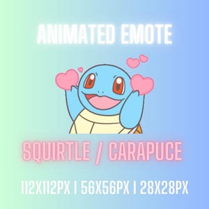 Może przedstawiać: Animowany emoji Squirtle'a, niebieskiego Pokémona-żółwia, z żółtym pancerzem, uśmiechającego się i trzymającego dwa różowe serca. Tekst "Squirtle / Carapuce" znajduje się pod obrazkiem. Tekst "112x112px | 56x56px | 28x28px" znajduje się pod tekstem.