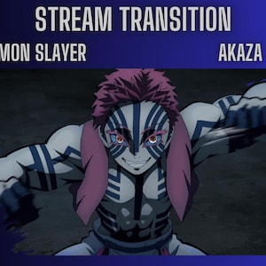 Peut inclure: Akaza, un démon de l'anime Demon Slayer, est représenté avec une expression féroce et un corps à motifs blancs et noirs. Il a les cheveux roses et les yeux rouges. L'arrière-plan est sombre et flou.