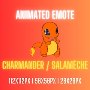 May include: Animated emote of Charmander, a fire-type Pokemon, with a yellow and orange body and a flame tail. The text "ANIMATED EMOTE" is at the top of the image, and the text "CHARMANDER / SALAMÈCHE" is at the bottom of the image. The text "112X112PX I 56X56PX I 28X28PX" is at the bottom of the image.