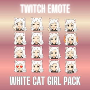 Peut inclure: Ensemble d'emotes Twitch représentant une jeune fille chat aux cheveux blancs avec diverses expressions. Les emotes incluent des visages souriants, pleurant, en colère et amoureux. Le texte "TWITCH EMOTE" et "WHITE CAT GIRL PACK" sont affichés.