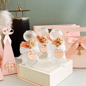 Conjuntos de recuerdos de bautismo personalizados, botella de agua bendita, caja de dulces y bolsa de regalo