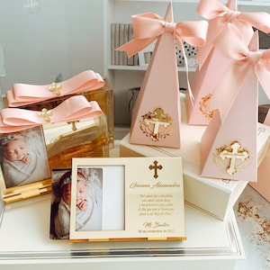 Set de regalo para bautizo, marco de fotos de bautizo personalizado, caja de dulces y bolsa de regalo