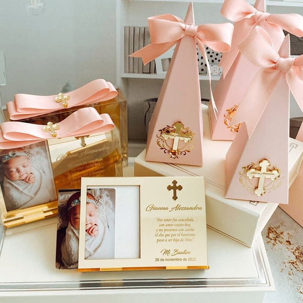 Baptism Gift Set, Personalized Baptism Photo Frame, Candy Box & Gift Bag