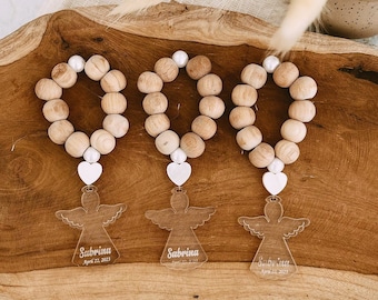 12 piezas Rosario de Madera con Marco de Ángel, Bautismo Bautizo Favores Niña, Recuerdos de Bautizo con Bolsa de Organza, Ángel de Bautismo Personalizado
