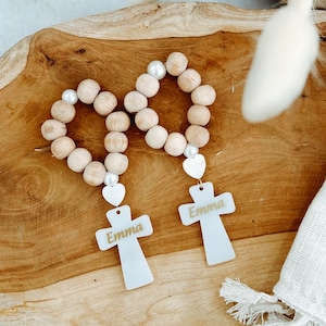 12 pcs Wooden Rosary with Cross Frame, Baptism Christening Favors Girl, Recuerdos de Bautizo with Organza Bag, Personalized Mini Rosary