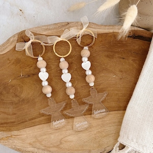 12 pcs Wooden Keychain with Angel Frame, Baptism Christening Favors Girl, Recuerdos de Bautizo with Organza Bag, Personalized Baptism Angel