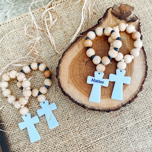 Mini Rosario Favores, Favores de Rosario de Madera, Cruz de Madera de Bautismo, Primera Comunión, Rosario de Bautizo, Cuentas de Rosario
