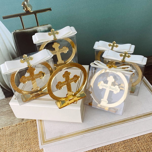 Personalized Baptism Favor, Gold Mirror Cross, Christening Decoration