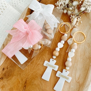 12 pcs Wooden Keychain with Cross, Baptism Christening Favors Girl & Boy, Recuerdos de Bautizo with Organza Bag, Personalized Baptism Cross