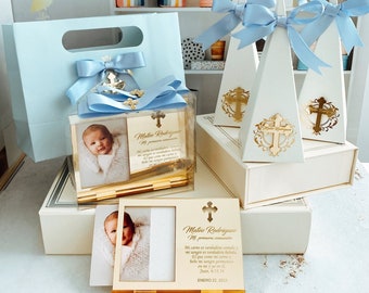 Baptism Gift Set, Personalized Baptism Photo Frame, Candy Box & Gift Bag