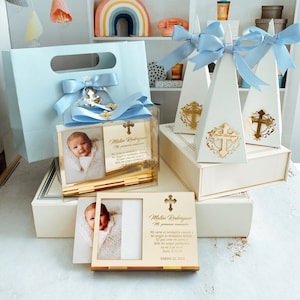 Set de regalo para bautizo, marco de fotos de bautizo personalizado, caja de dulces y bolsa de regalo