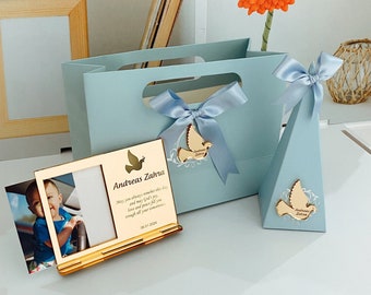 Blue Baptism Gift Set, Personalized Baptism Photo Frame, Candy Box, Gift Bag, Baptism Favors Girl, Christening Favors, Bomboniere Battesimo