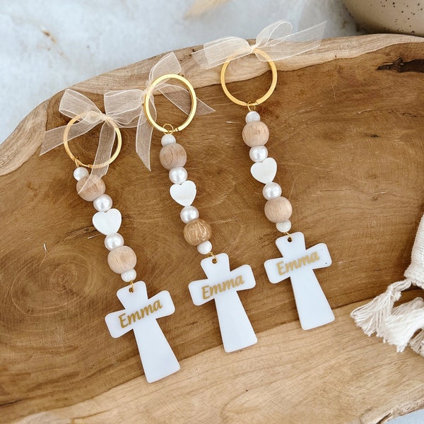 12 pcs porte-clés en bois avec croix, cadeaux de baptême fille et garçon, Recuerdos de Bautizo avec sac en organza, croix de baptême personnalisée