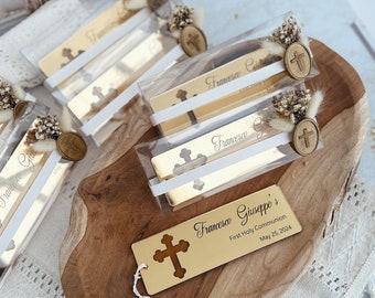 Personalized Gold Baptism Bookmark, Cross Prayer Card, Christening Favor