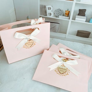 May include: Two pink gift bags with white satin ribbon bows and gold heart-shaped tags that say "Hola Bienvenida Dora" with a gold floral design.