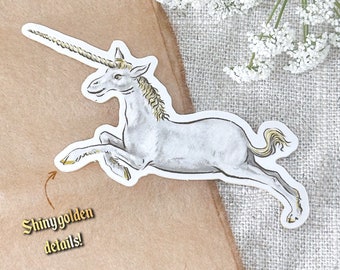 Vinyl sticker - MEDIEVAL UNICORN - golden metallic waterproof, shiny, marginalia, unicorns,  historic, middle ages