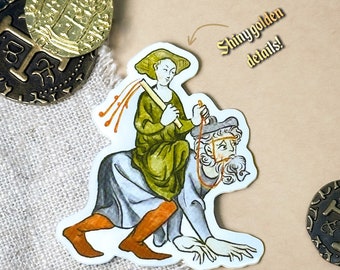 May include: A sticker featuring a medieval-style illustration of a person riding a horse. The person is wearing a green robe and a hat, and the horse is brown with a white mane. The sticker has a white background and gold accents.