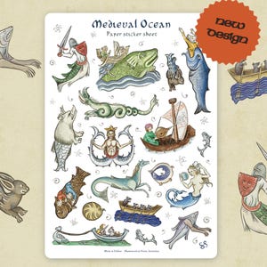 May include: A paper sticker sheet titled Medieval Ocean featuring various illustrations of mythical sea creatures, knights, and boats in a historical art style. The sheet includes a red circular badge with the text New Design in black.