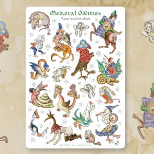 Foglio di adesivi - STRANEZZE MEDIEVALI - Adesivi storici divertenti e fantasiosi per diario, agenda, artigianato, album. Marginali di mostri fantasy