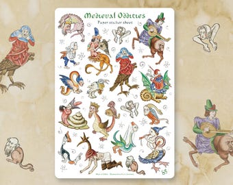 Sticker sheet - MEDIEVAL ODDITIES- Funny whimsical historical stickers for journaling, planner, craft, scrapbook. Fantasy monster marginalia