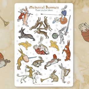 Sticker sheet - MEDIEVAL BUNNIES - Funny whimsical historical stickers for journaling, planners, craft, laptop, scrapbook. Rabbits, hares