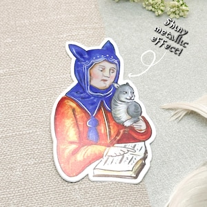 Amoureux des chats qui lit - effet métallique - autocollant en vinyle, imperméable, marginalia médiéval, chats, historique, moyen âge, drôle, fantaisiste, livres