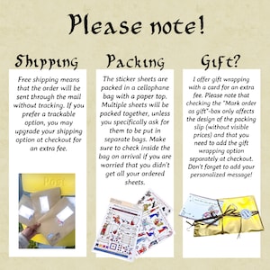 May include: Image with text that reads "Please note!" and details about shipping, packing, and gift options. The image shows packaged sticker sheets, gift wrapping, and shipping envelopes.