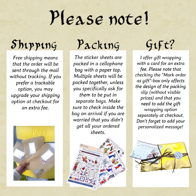May include: Image with text that reads "Please note!" and details about shipping, packing, and gift options. The image shows packaged sticker sheets, gift wrapping, and shipping envelopes.