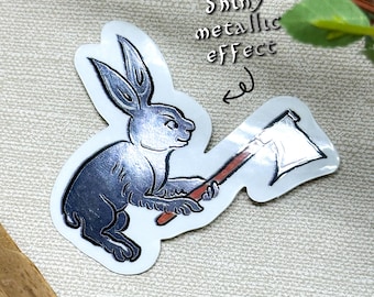 Vinyl sticker- AXE RABBIT- waterproof shiny medieval marginalia decor