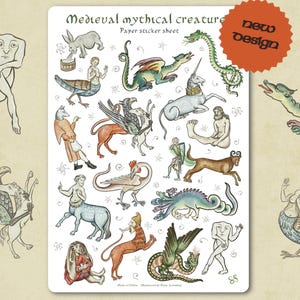 May include: A paper sticker sheet featuring medieval mythical creatures in a vintage style. The sheet includes illustrations of dragons, unicorns, mermaids, and other fantastical beings. The words "Medieval mythical creature" and "new design" are visible.