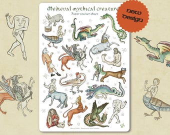 Sticker sheet - MEDIEVAL MYTHICAL CREATURES- cryptics, beasts, and weird beings from medieval Lore and legends, fun marginalia bestiarum art