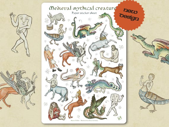 Sticker sheet - MEDIEVAL MYTHICAL CREATURES- cryptics, beasts, and weird beings from medieval Lore and legends, fun marginalia bestiarum art