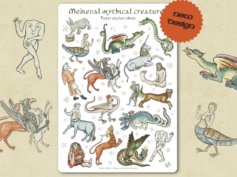 May include: A paper sticker sheet featuring medieval mythical creatures in a vintage style. The sheet includes illustrations of dragons, unicorns, mermaids, and other fantastical beings. The words "Medieval mythical creature" and "new design" are visible.