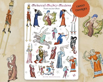 Sticker sheet - MEDIEVAL MIGHTY MAIDENS  - Funny whimsical historical stickers for journaling, planner, craft, laptop, scrapbook. Cool Women