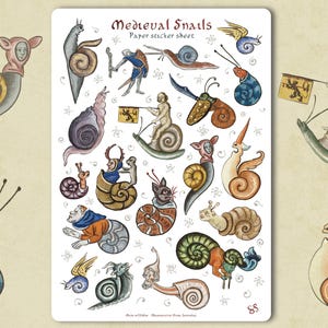 May include: A paper sticker sheet titled Medieval Snails featuring various illustrations of snails with human-like faces, knights, and creatures in shells. The stickers are arranged on a white rectangular background with small decorative star-like symbols.