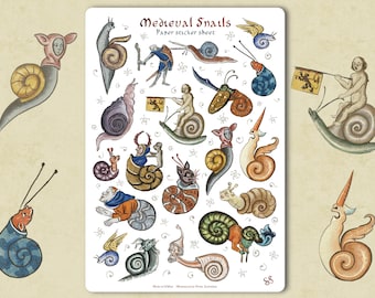 May include: A paper sticker sheet titled Medieval Snails featuring various illustrations of snails with human-like faces, knights, and creatures in shells. The stickers are arranged on a white rectangular background with small decorative star-like symbols.