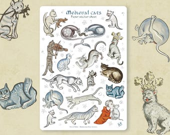 May include: A rectangular paper sticker sheet titled Medieval cats featuring various illustrations of cats in historical styles, including cats playing instruments, wearing crowns, and interacting with small creatures, rendered in muted tones.