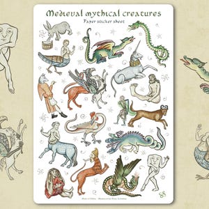 May include: A paper sticker sheet featuring medieval mythical creatures. The illustrations include dragons, unicorns, mermaids, centaurs, and other fantastical beings. The text "Medieval mythical creatures" and "Paper sticker sheet" are at the top.
