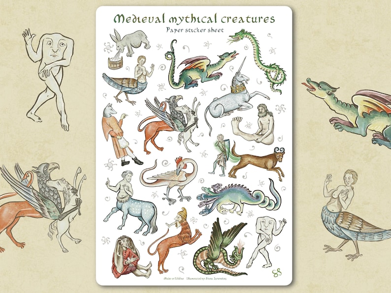 May include: A paper sticker sheet featuring medieval mythical creatures. The illustrations include dragons, unicorns, mermaids, centaurs, and other fantastical beings. The text "Medieval mythical creatures" and "Paper sticker sheet" are at the top.