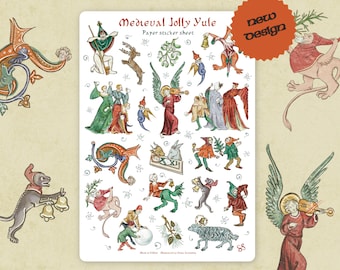 May include: A paper sticker sheet titled "Medieval Jolly Yule" featuring various medieval-style illustrations. The illustrations include figures in festive attire, angels, animals, and decorative elements. A "new design" sticker is in the upper right corner.