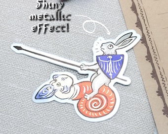 Vinyl sticker - RABBIT WARRIOR- metallic, waterproof, medieval marginalia, bunny, historic, Middle Ages, funny whimsical snail, knight