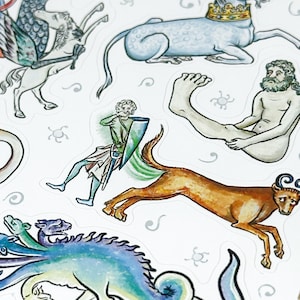 May include: A collection of medieval-style illustrations featuring mythical creatures and figures. The images include a winged horse, a crowned sea creature, a knight with a shield, a centaur, and a multi-headed dragon, all in a watercolor style.
