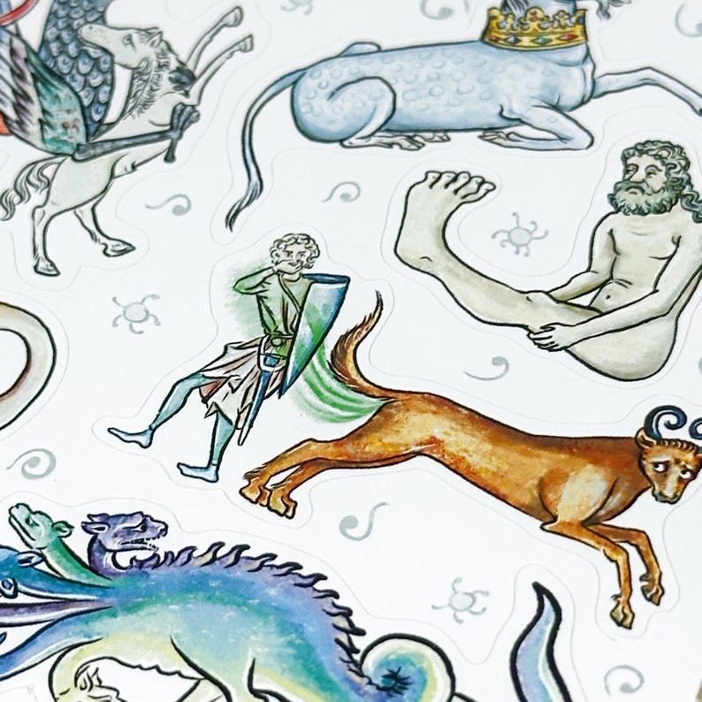 May include: A collection of medieval-style illustrations featuring mythical creatures and figures. The images include a winged horse, a crowned sea creature, a knight with a shield, a centaur, and a multi-headed dragon, all in a watercolor style.