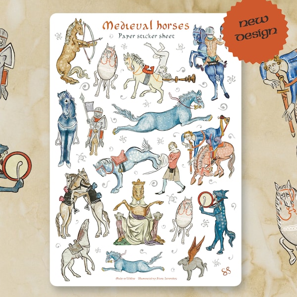 Sticker sheet - MEDIEVAL HORSES - Weird whimsical  historical horse stickers for journaling, planner, craft, laptop, scrapbook.