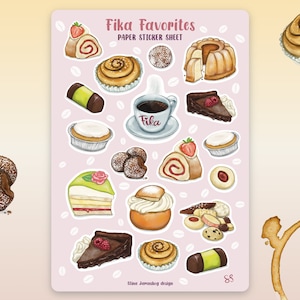 Stickervel - FIKA FAVORIETEN - Leuke stickers voor journaling, planner, knutselen, laptop, plakboek. Zweeds gebak taarten koekjes dessert