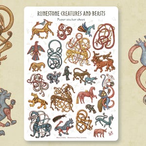 Hoja de pegatinas - RUNESTONE Criaturas y bestias - COLOR - diario, planificador, histórico, runas vikingas, nórdico, scrapbooking, papelería